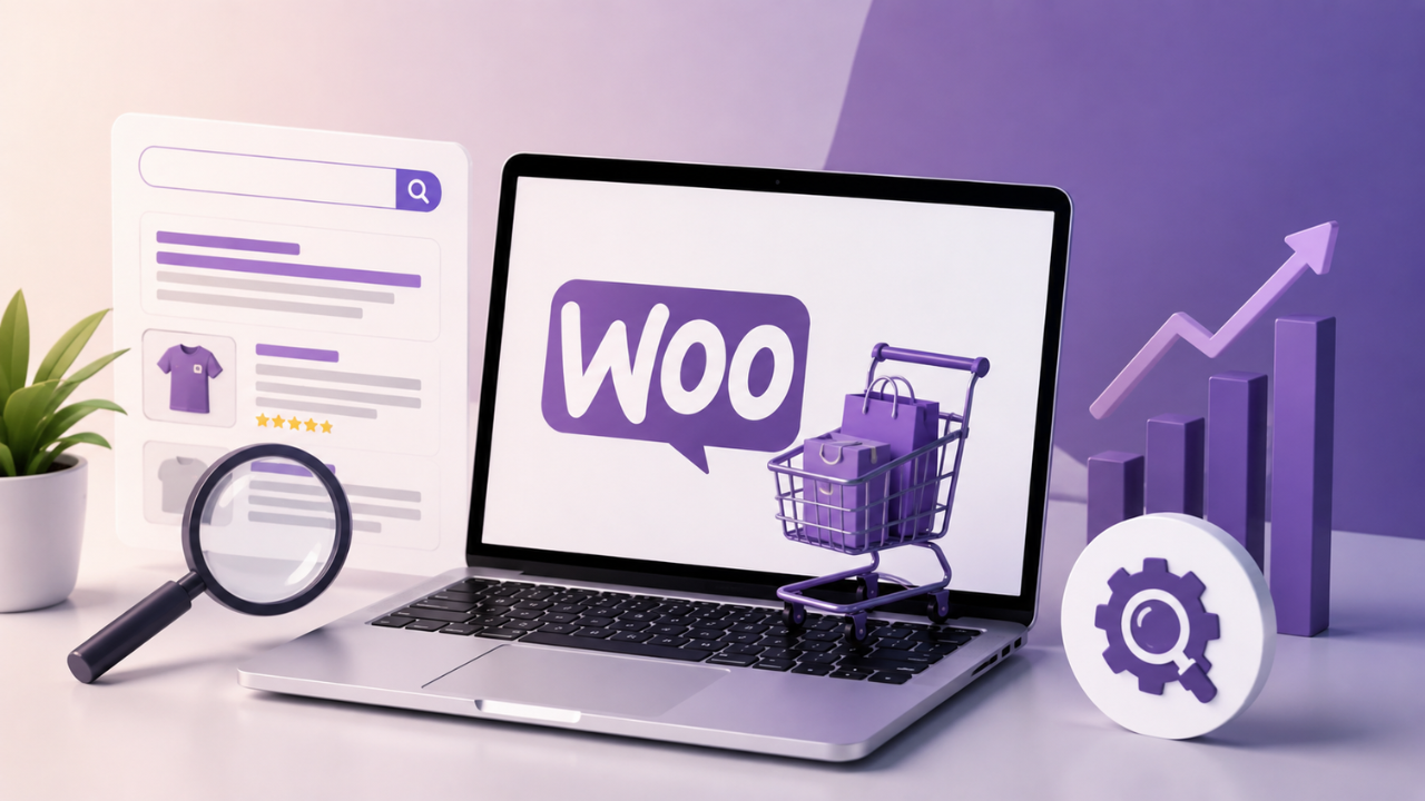 Shopify ecommerce SEO dashboard with search, growth chart, and optimization icons
