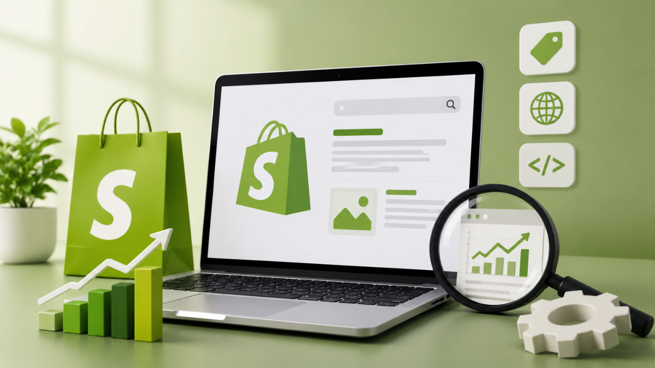 Shopify SEO setup on laptop screen with growth chart, search icon, and ecommerce tags representing Shopify's built-in SEO features